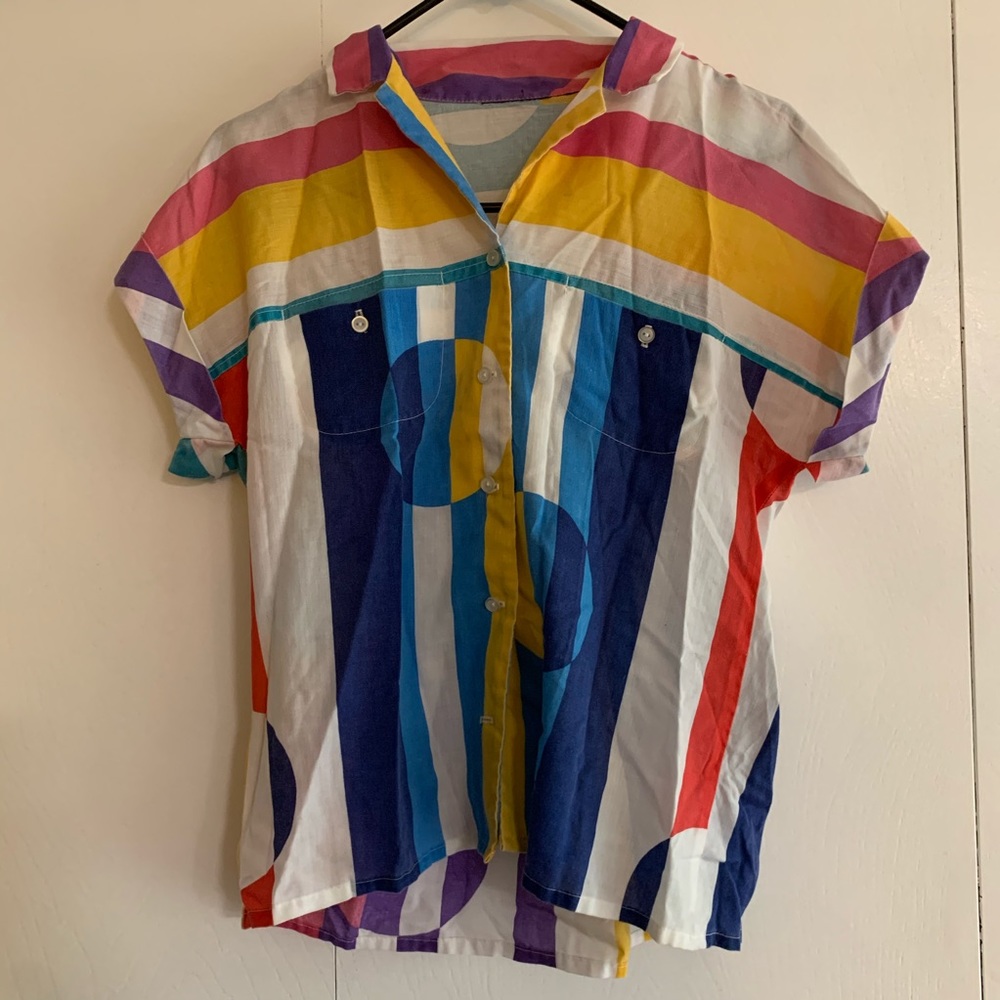 Vintage Colorful Striped Short Sleeved Button Up